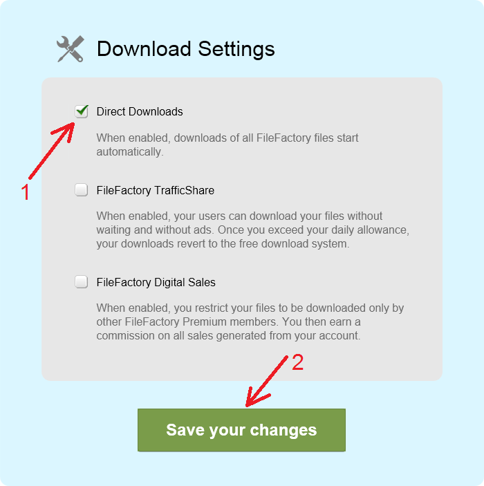 Enable 'Direct Downloads' option in FileFactory account settings