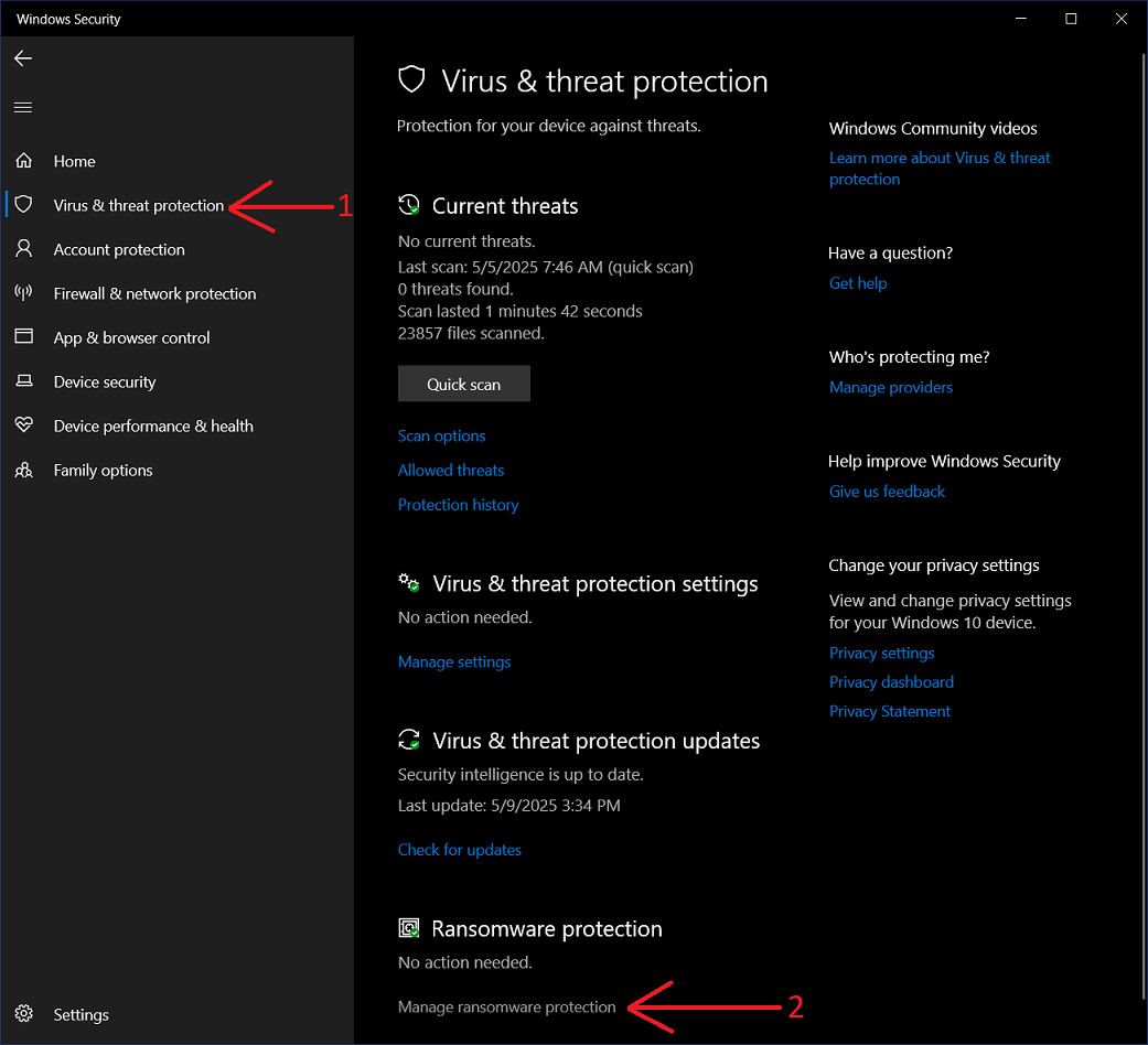 Open Manage ransomware protection dialog